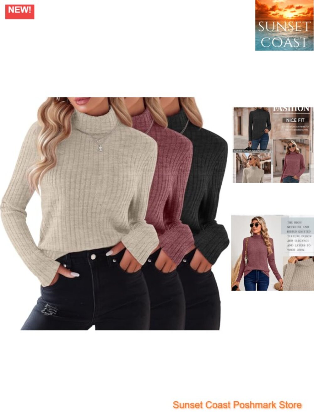 Women's Turtleneck Sweater 3 Pack Long Sleeve Knit Tops Pullover